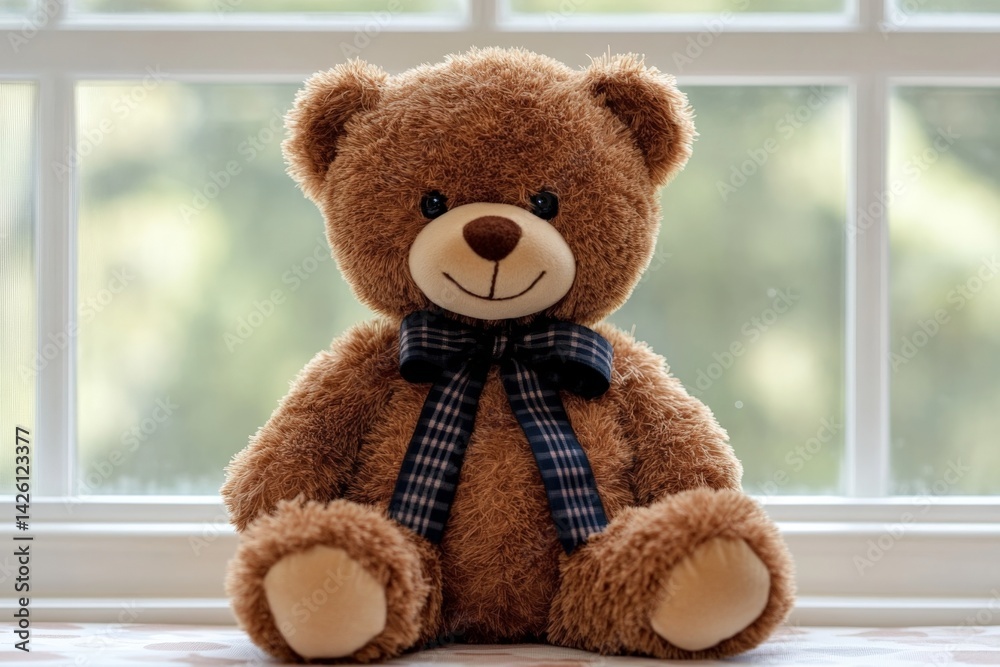 Soft brown teddy bear sitting by the window with a gentle smile and a plaid bow tie during daylight Soft brown teddy bear sitting by the window with a gentle smile and a plaid bow tie during daylight
