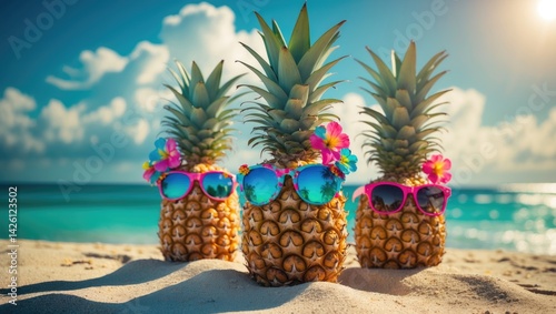 Fototapeta Naklejka Na Ścianę i Meble -  Fashionable pineapples sporting sunglasses on sandy beach with sea view, ideal for tropical holiday theme