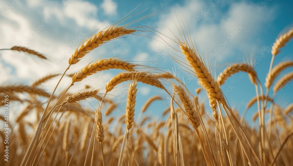 Fototapeta premium Golden wheat farm landscape under clear blue sky