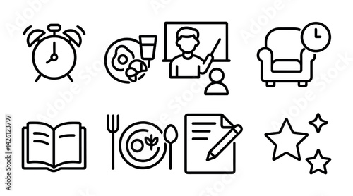 Daily routine outline icons set: alarm, meal, education, relaxation, book, dining, writing, stars