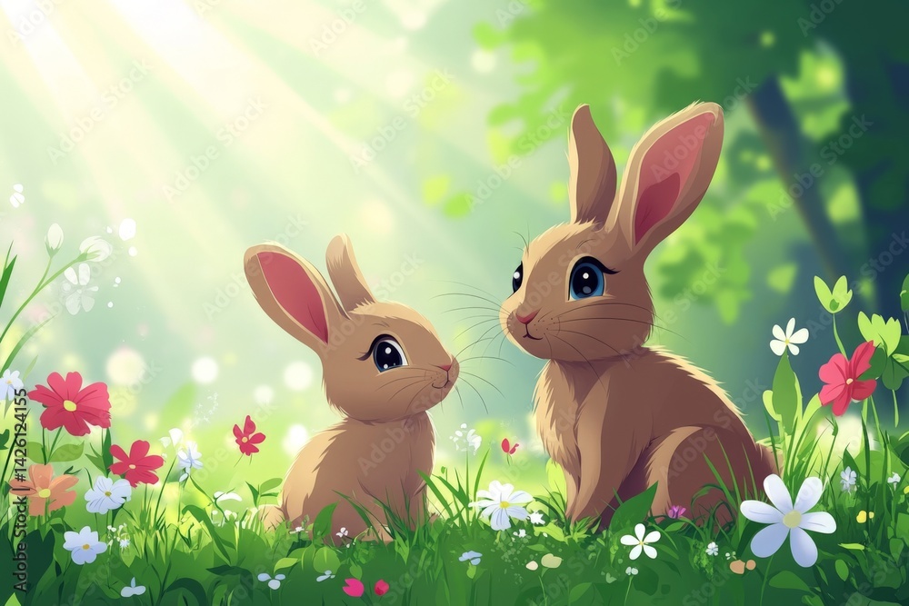 Fototapeta premium Rabbits exploring a vibrant garden filled with colorful flowers on a sunny day