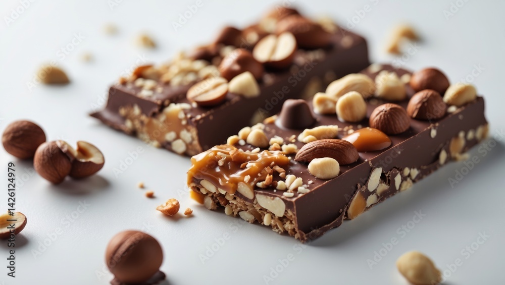 Chocolate and nut protein bar with caramel on white background Chocolate and nut protein bar with caramel on white background