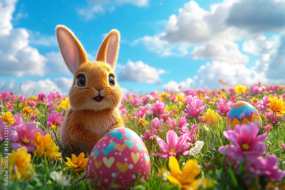 Obraz premium Cute rabbit enjoying a colorful spring meadow filled with flowers and decorated Easter eggs under a bright blue sky