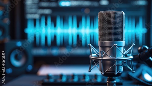 Audio spectrum in blue hues at a recording studio with computer screen and microphone photo