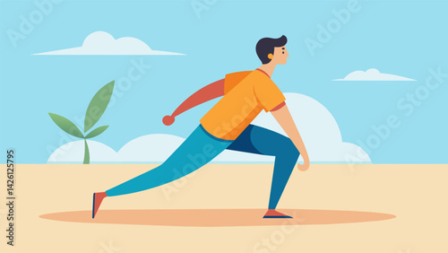 A man stretches his limbs and focuses on the sensations in his body as he takes a mindful walk along the beach.. Vector illustration