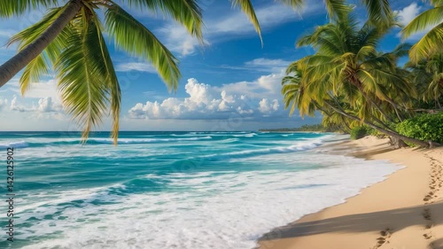 videosque beach with transparent waters and palm trees.