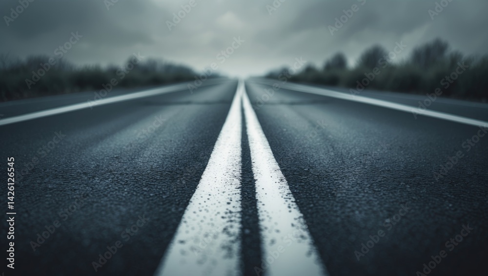 Close-up of asphalt roadway featuring white paint lines on a busy street background Close-up of asphalt roadway featuring white paint lines on a busy street background