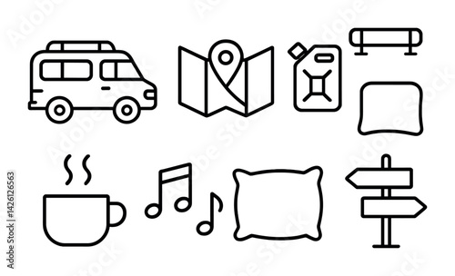 Minimalist line icons set: van life and travel essentials in outline style