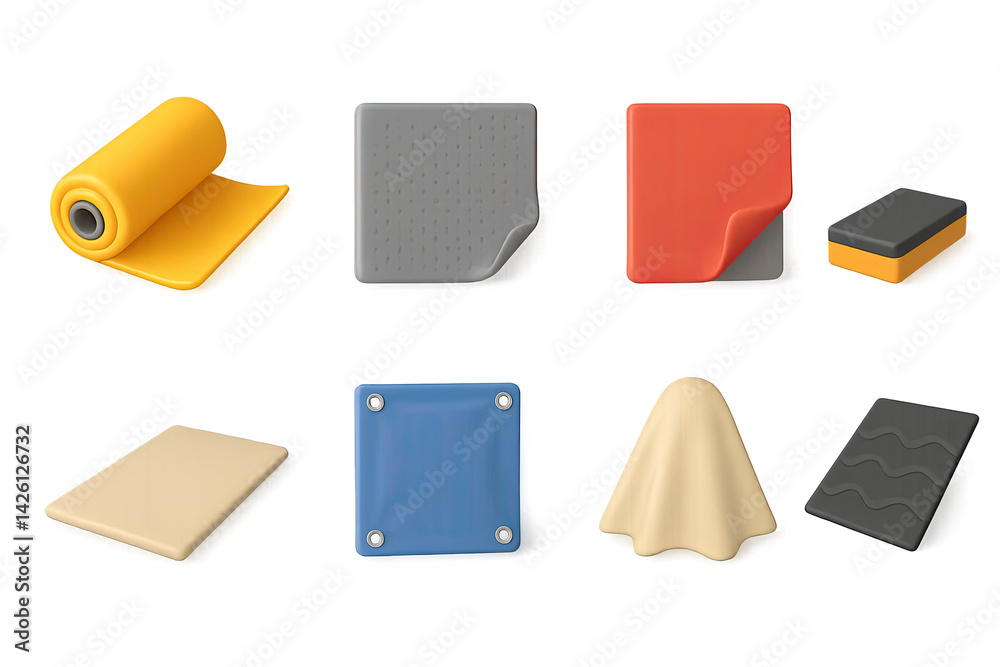 Obraz premium Material and fabric icon set – 3d style textile and design symbols: roll, patch, red square, sponge, leather, grommet, drape, wavy panel