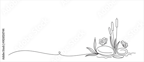 Abstract landscape pond drawn by one line. Stones, grass reed, butterflies, pond. Floral sketch. Minimal botanical sketch. Continuous line drawing. Beautiful vector illustration.
