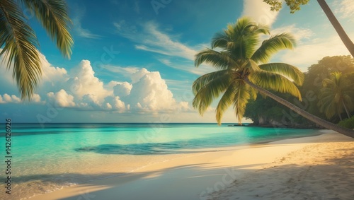 Exclusive beach destination with palm trees and turquoise sea - Wide-angle view of white sandy shore on sunny day - Warm afternoon hues photo