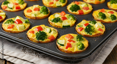 Savory Vegetable Quiches Freshly Baked in Muffin Pan for Healthy Breakfast