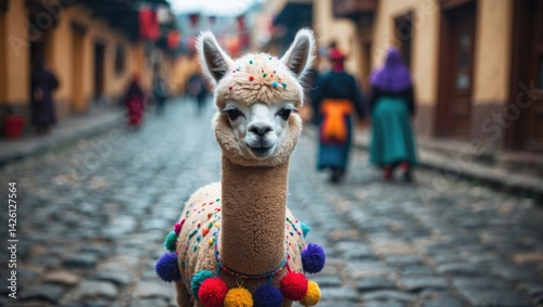 Cute baby alpaca in Cusco's main square during summer celebration photo