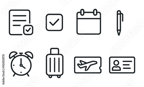 Essential travel and organization icon set: linear style