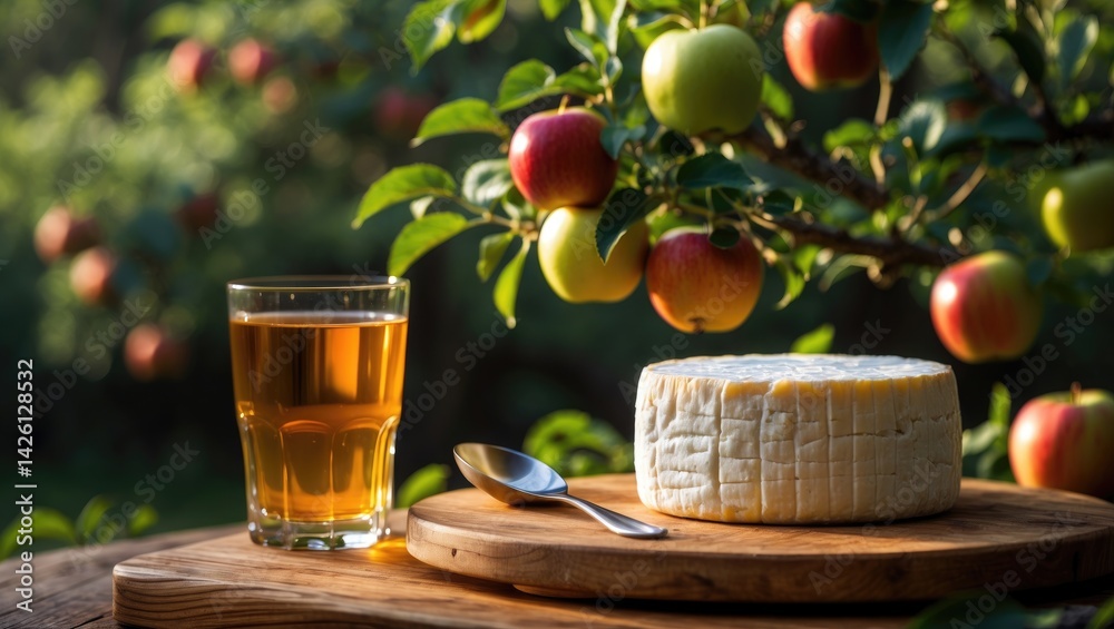 Apple cider and camembert cheese served amidst an orchard scene with green apple trees and ripe red fruits in Normandy, France
