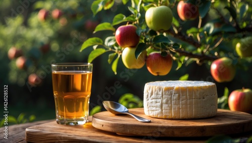 Obraz na płótnie Apple cider and camembert cheese served amidst an orchard scene with green apple trees and ripe red fruits in Normandy, France w salonie
