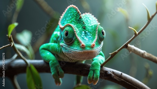 Close-up of a baby chameleon blending with green leaves in a natural habitat photo