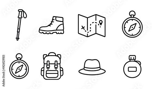 Outline icons set for outdoor adventure: compass, map, backpack, boot, walking stick, flask