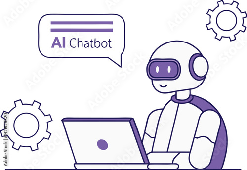 Robot using laptop, AI chatbot conversation vector illustration (2).eps, Robot using laptop, AI chatbot conversation vector illustration 