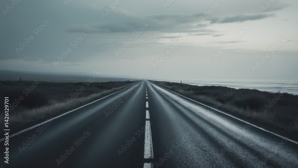 Naklejka premium Black road heading straight with the sea flanking both sides