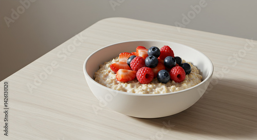 Delicious Oatmeal Garnished With Colorful Fresh Berries On Minimalist Tabletop