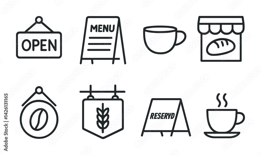 Linear café icon set: open, menu, coffee, bakery, and more in outline style