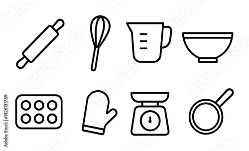 Essential baking tools icon set: linear outline style for kitchens and cooking