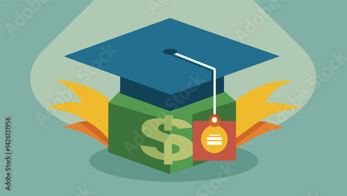 A creative image of a graduation cap made entirely of dollar bills with a price tag hanging from its tassel representing the high cost of obtaining a. Vector illustration