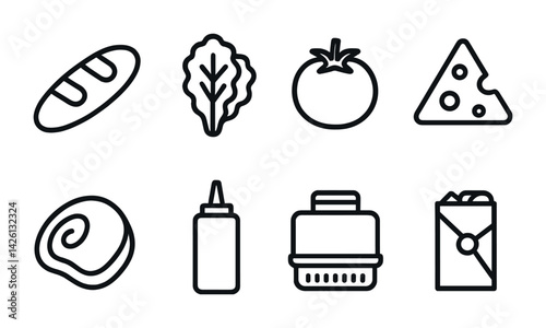 Grocery shopping essentials: 3d outline icon set with bread, cheese, and more