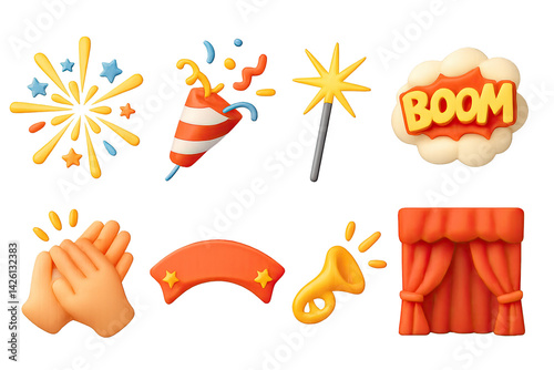 Celebratory events icon set – 3d party and celebration symbols for festive occasions: fireworks, confetti popper, sparkler, boom sign, clapping hands, banner, trumpet, stage curtain photo