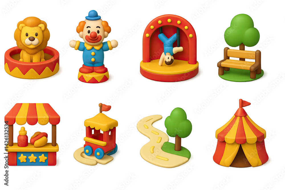 Naklejka premium Circus and carnival 3d icons set – vibrant festival and entertainment symbols featuring lion, clown, acrobat, bench, food stand, train, path, tent