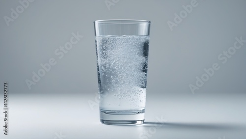 Glass of sparkling mineral water with bubbles on white background