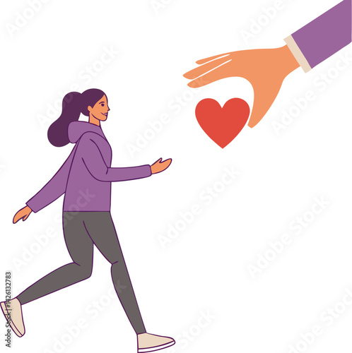 Woman running, purple jacket, grey pants, white shoes, large hand reaching out, red heart, vector illustration