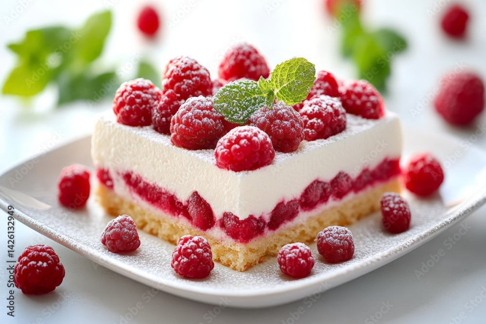 Delicious raspberry dessert sits invitingly on a plate topped with fresh mint and powdered sugar in a bright, cheerful setting Delicious raspberry dessert sits invitingly on a plate topped with fresh mint and powdered sugar in a bright, cheerful setting