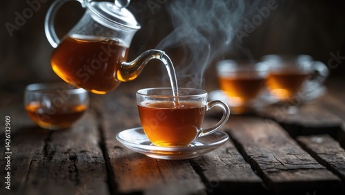 Teapot dispensing tea into a cup
