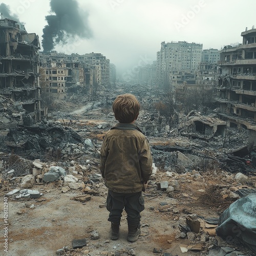 Child in War-Torn City Surrounded by Rubble and Destruction