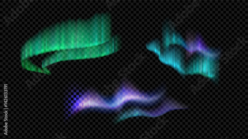 Realistic aurora borealis isolated on transparent background. Vector set of northern lights with neon glow effect.