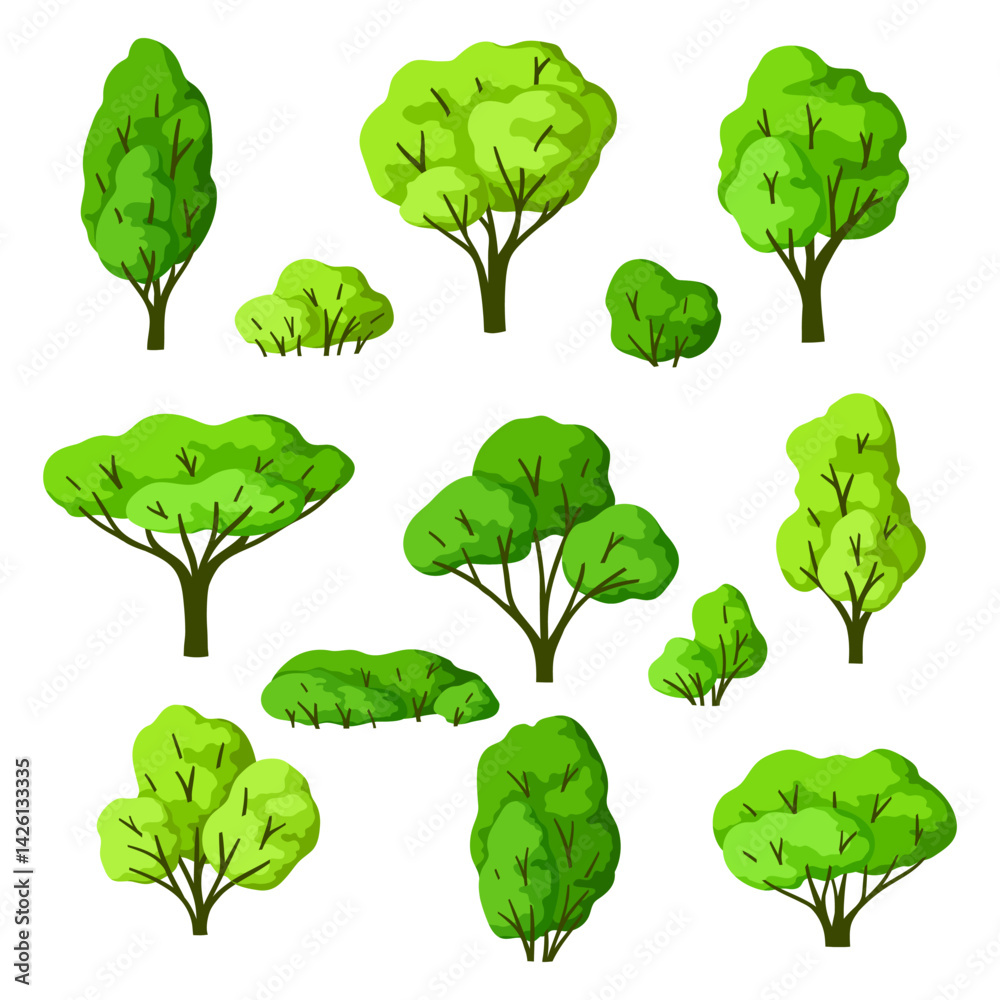 Set of trees. Spring or summer stylized plants.