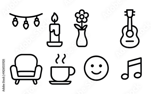 Cozy home icons set: linear style - candle, flower, guitar, armchair, coffee, music, smile