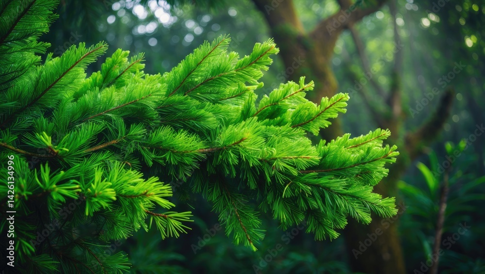 Close-up of vibrant green conifer tips sprouting on a large tropical tree with lush new growth Close-up of vibrant green conifer tips sprouting on a large tropical tree with lush new growth