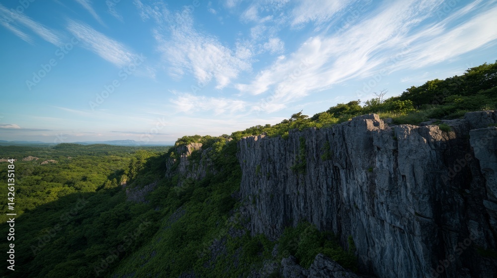 A striking mountain cliff with jagged rocks towers over thriving vegetation, illuminated by a clear blue sky and scattered clouds, perfect for showcasing content A striking mountain cliff with jagged rocks towers over thriving vegetation, illuminated by a clear blue sky and scattered clouds, perfect for showcasing content