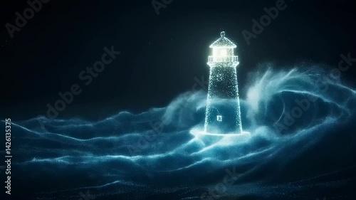 The lighthouse stands tall against a backdrop of turbulent water and swirling waves. Its bright beam cuts through the darkness, providing guidance to lost ships. The stormy atmosphere creates a sense