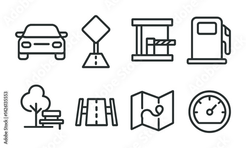 Transportation and travel line icons set: vehicle, road, map, fuel, barrier
