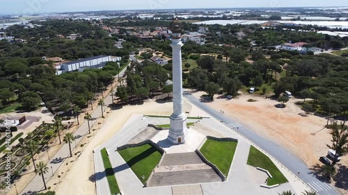 Aerial drone view of the Monument to the Discoverers, also known as Columna del IV Centenario, in La Rabida, Palos de la Frontera, dedicated to the discoverers of America