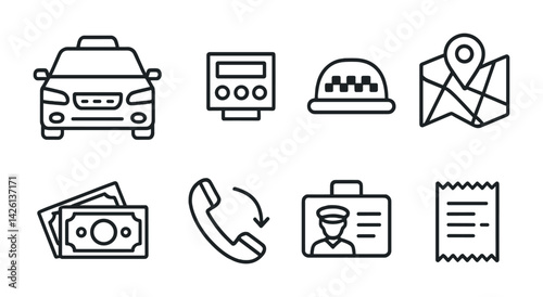 Taxi service icon set: transportation, payment, and navigation - linear style
