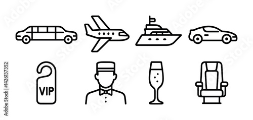 Luxury travel icon set: transportation and hospitality in minimalist outline style