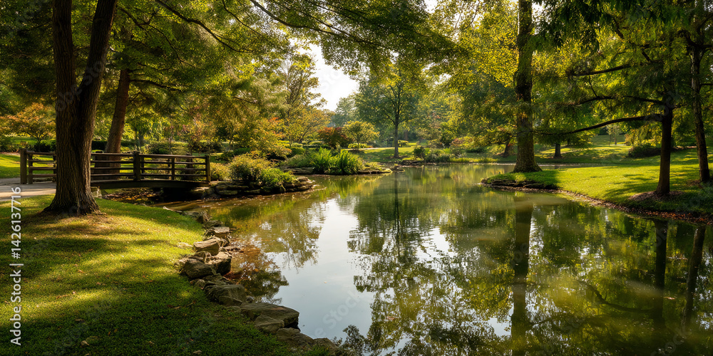 Fototapeta premium Serene pond scene in a park, reflecting lush green trees and a wooden bridge, showcasing tranquility and natural beauty, ideal for peaceful or nature-themed designs
