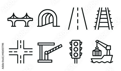 Transportation infrastructure icons set: flat linear style collection