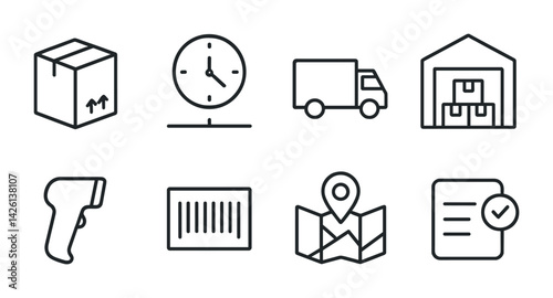 Logistics and shipping icons set: linear outline style for warehousing and delivery