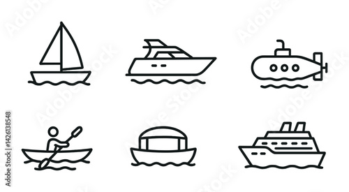Nautical transport icons set: flat linear design featuring boats, submarine, yacht, kayak, ferry, and cruise ship